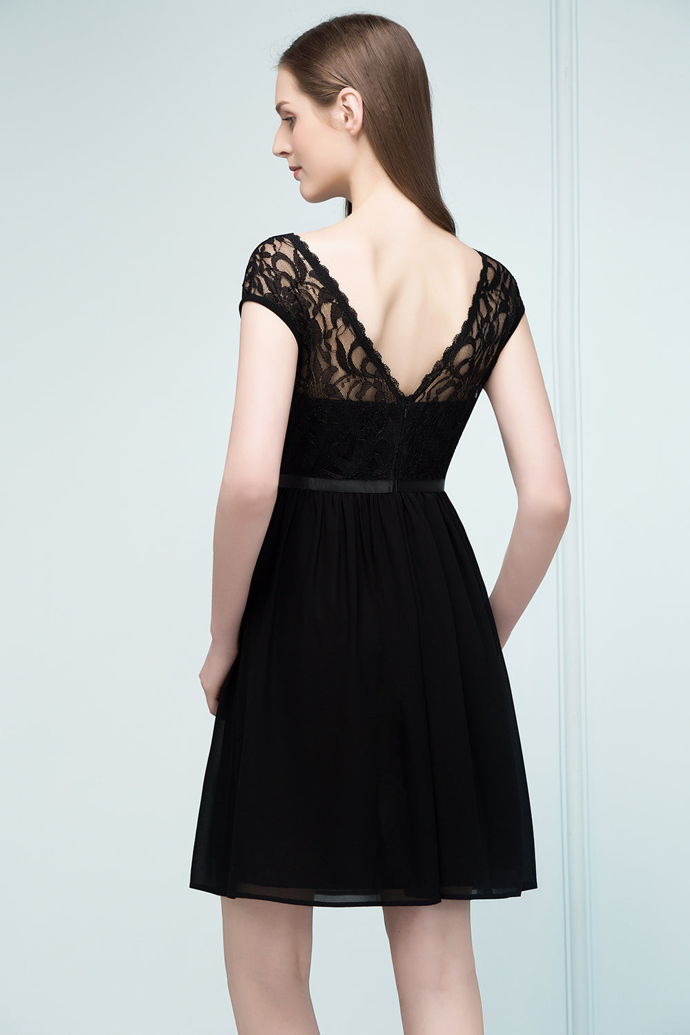 Pretty Scoop Sleeveless Black Lace Short Junior Bridesmaid Dresses - Fashionpara