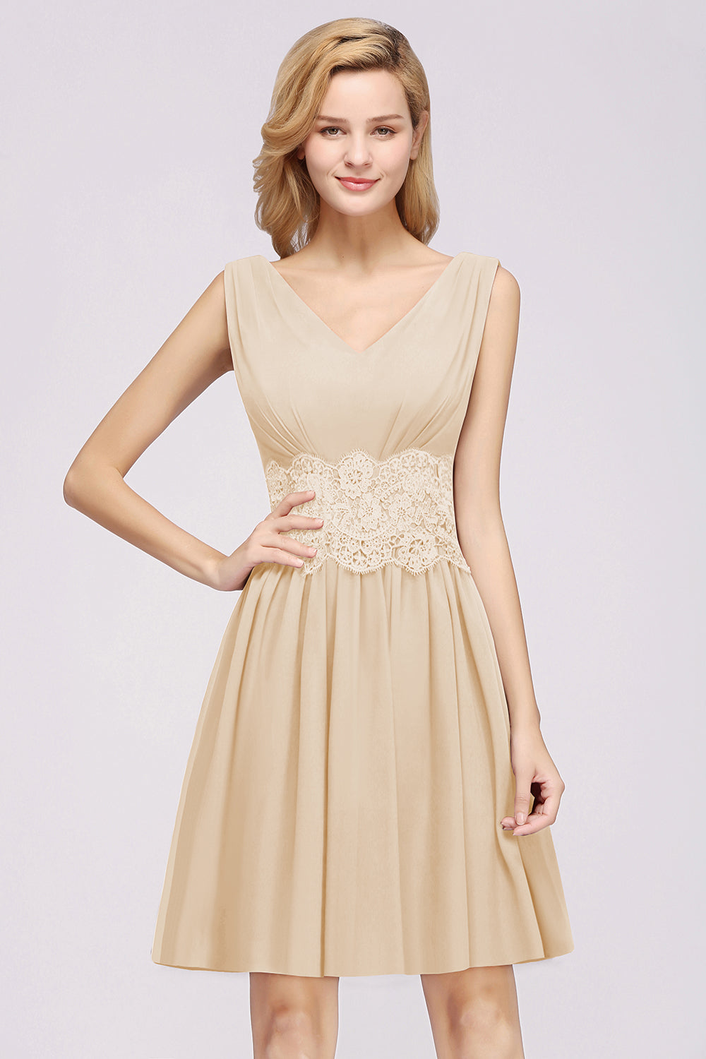 Pretty V-Neck Short Sleeveless Lace Bridesmaid dresses - Fashionpara