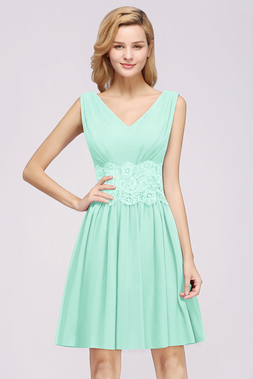 Pretty V-Neck Short Sleeveless Lace Bridesmaid dresses