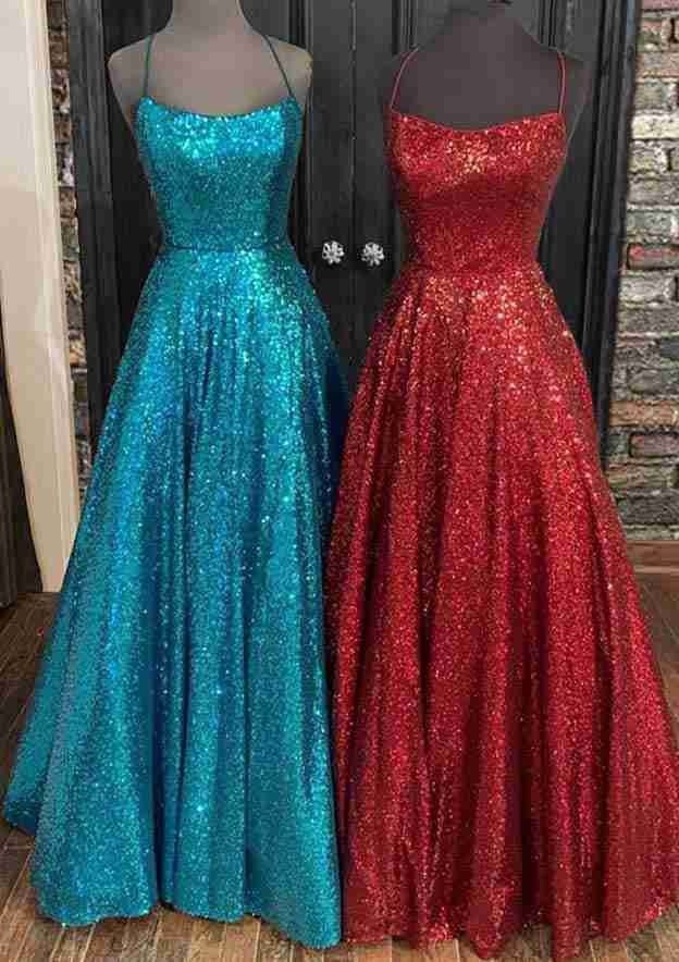 Princess A-Line Bateau Sleeveless Sequined Long/Floor-Length Prom Dress/Evening Dress - Fashionpara