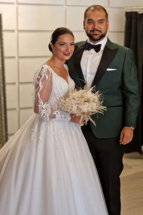 Princess Long V-Neck A-Line Lace Wedding Dress with Long Sleeves - Fashionpara