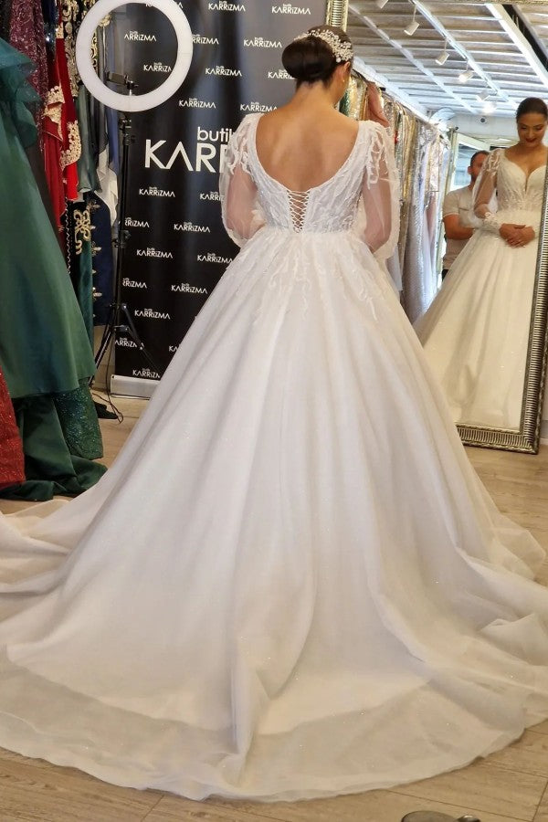 Princess Long V-Neck A-Line Lace Wedding Dress with Long Sleeves - Fashionpara