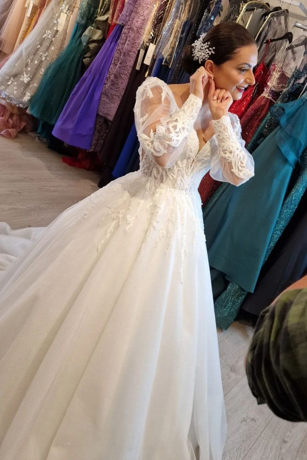 Princess Long V-Neck A-Line Lace Wedding Dress with Long Sleeves - Fashionpara