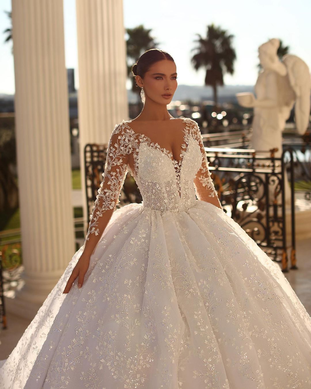 Princess-Inspired Long White A-line V-neck Lace Wedding Dress with Graceful Long Sleeves - Fashionpara