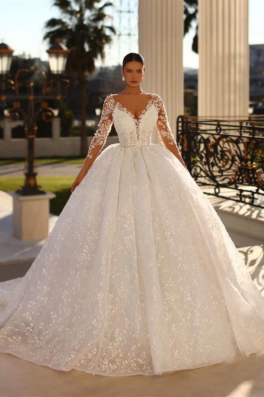 Princess-Inspired Long White A-line V-neck Lace Wedding Dress with Graceful Long Sleeves - Fashionpara