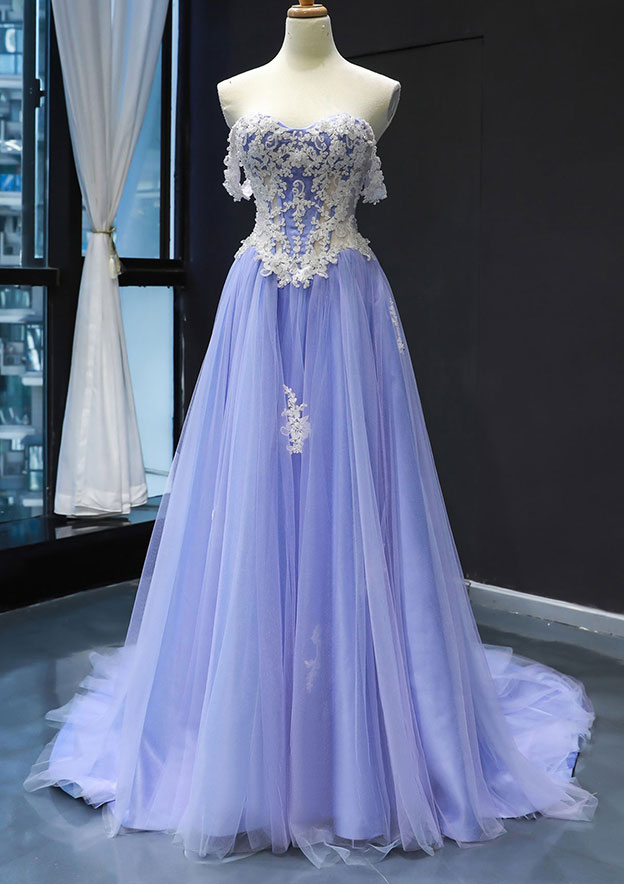Princess Off-the-Shoulder Sweep Train Tulle Satin Prom Dress/Evening Dress with Applique - Fashionpara