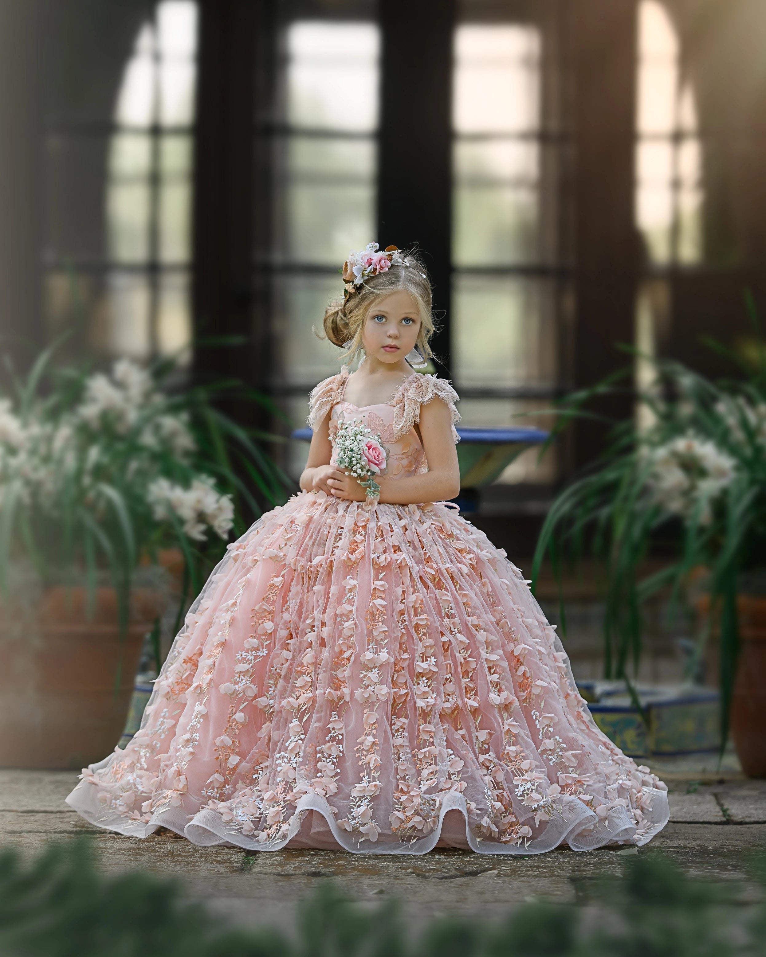 Princess Pink A-line Cap Sleeves Lace Flower Girls Dress - Fashionpara