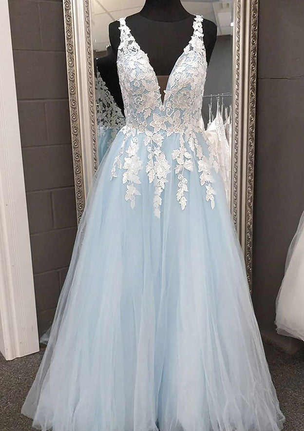 Princess V-Neck Tulle Prom Dress/Evening Dress With Appliqued Laced - Fashionpara