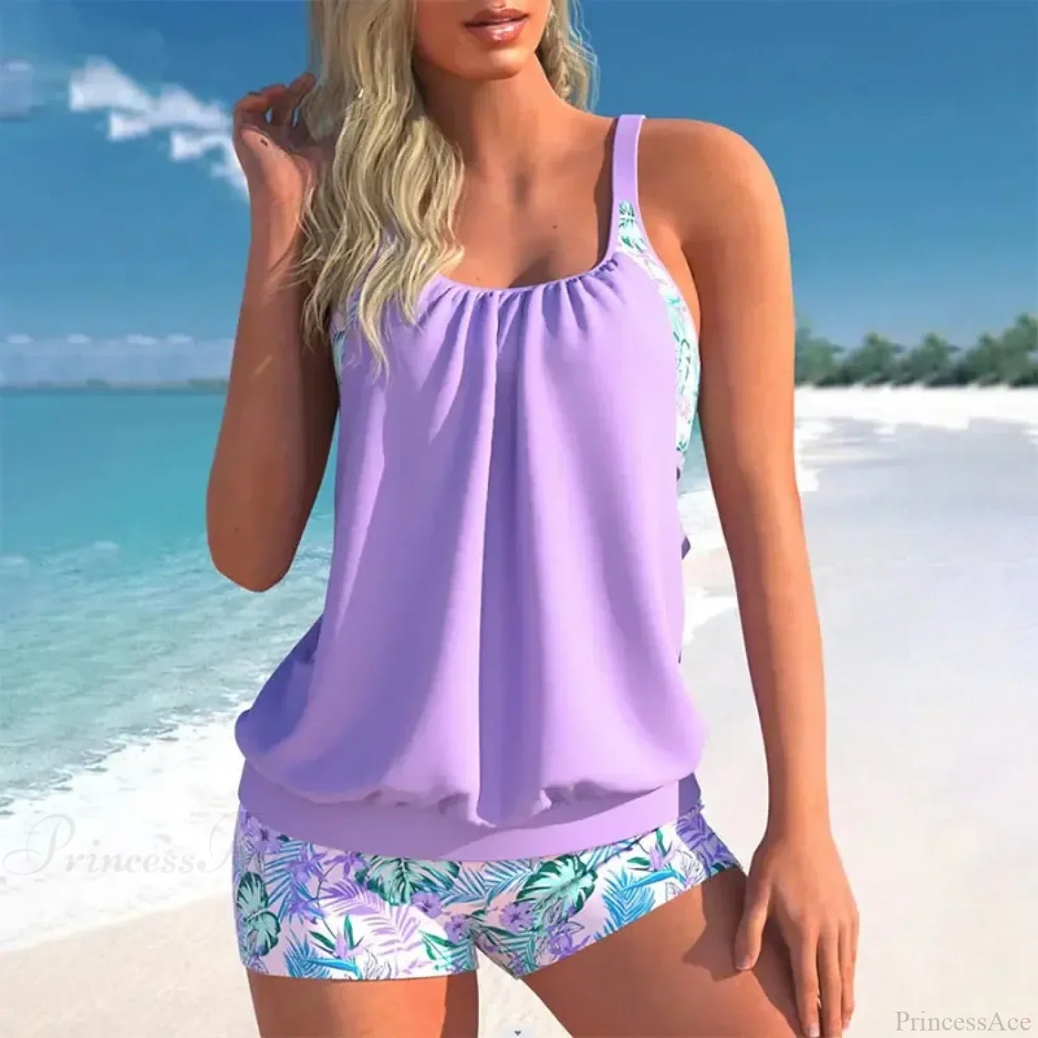 Print High Waist Tankini Two Piece Set