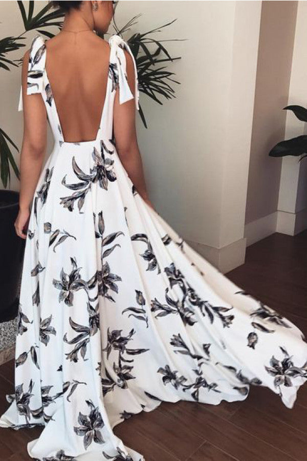 Floral Print Plunge V-Neck Tie Strap A-Line Maxi Dress