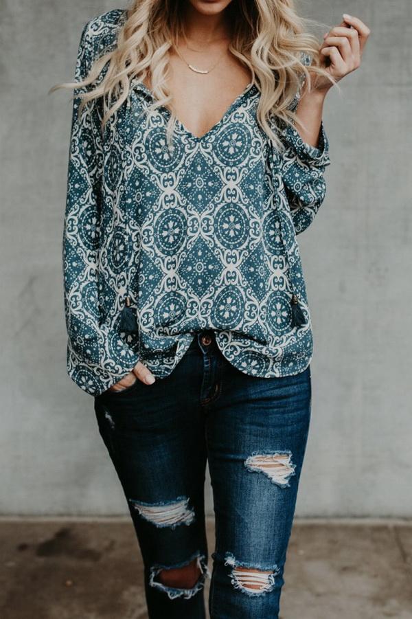 Printed Chiffon V-neck Long-sleeved Shirt