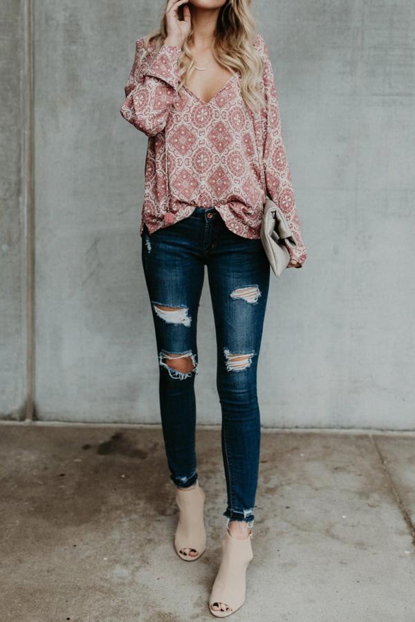 Printed Chiffon V-neck Long-sleeved Shirt