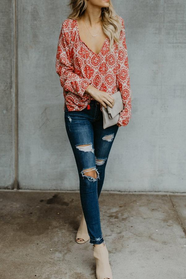 Printed Chiffon V-neck Long-sleeved Shirt
