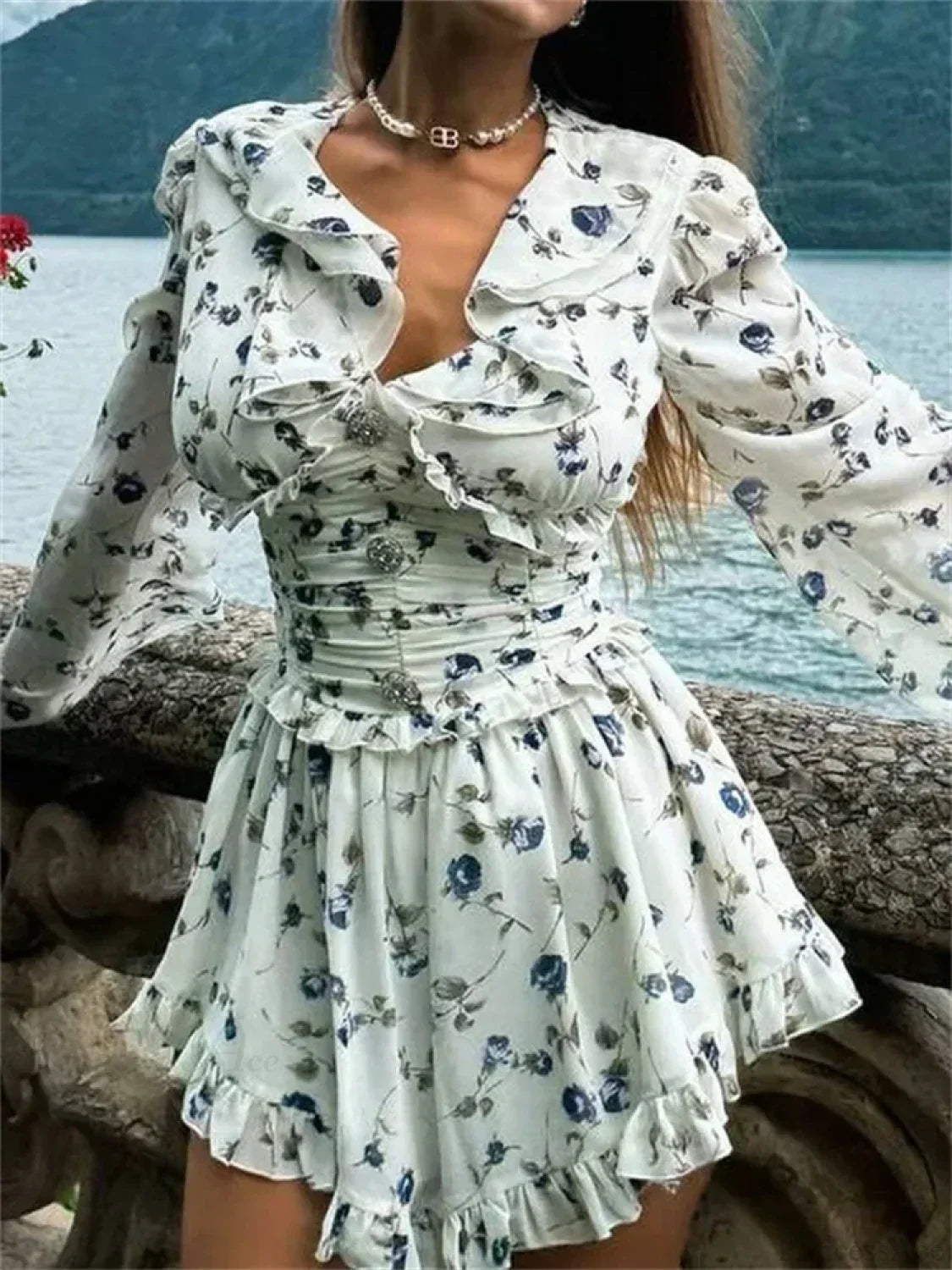 Deep V-Neck Ruffle Trim Smocked Waist Long Sleeve Mini Dress