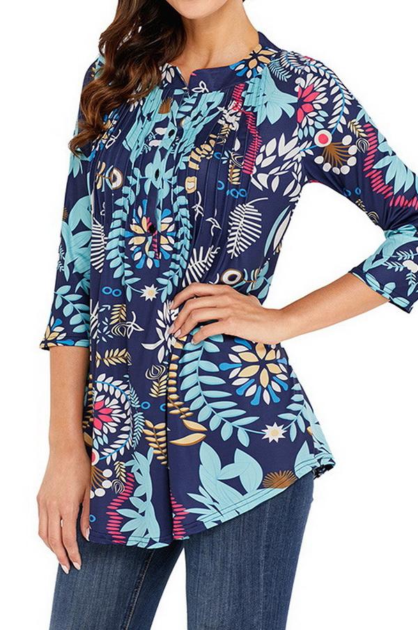 Printed Long Cropped Sleeves Pleated Top