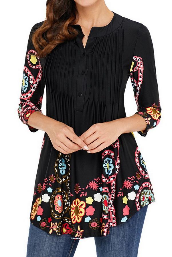 Printed Long Cropped Sleeves Pleated Top