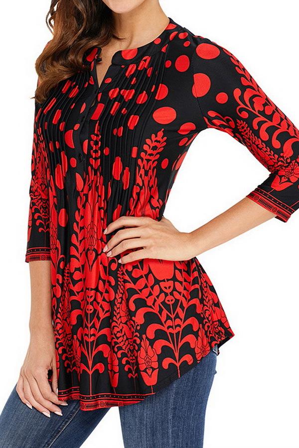 Printed Long Cropped Sleeves Pleated Top