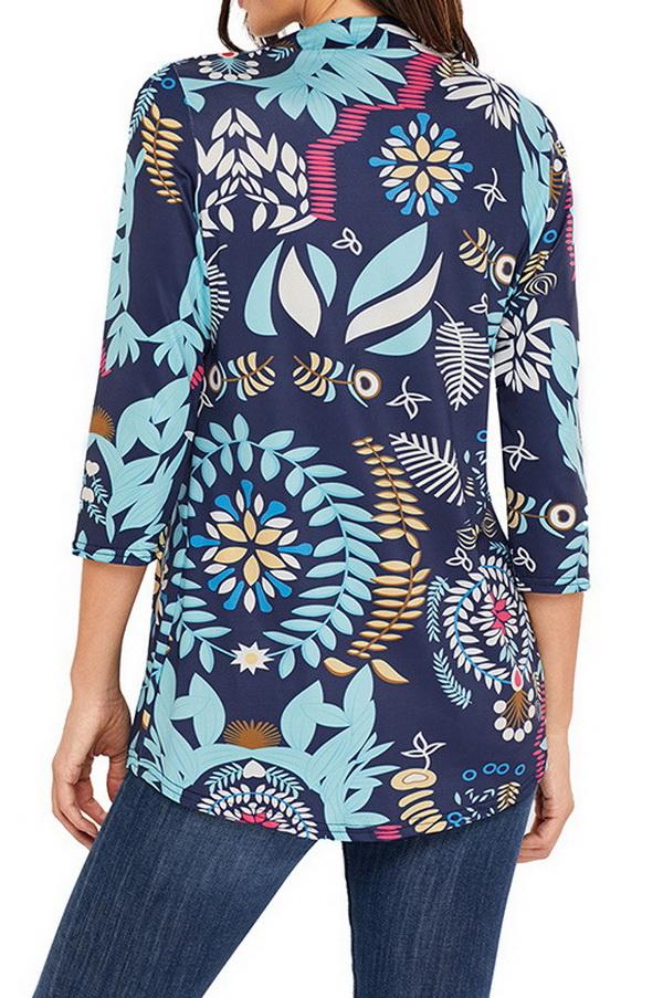 Printed Long Cropped Sleeves Pleated Top