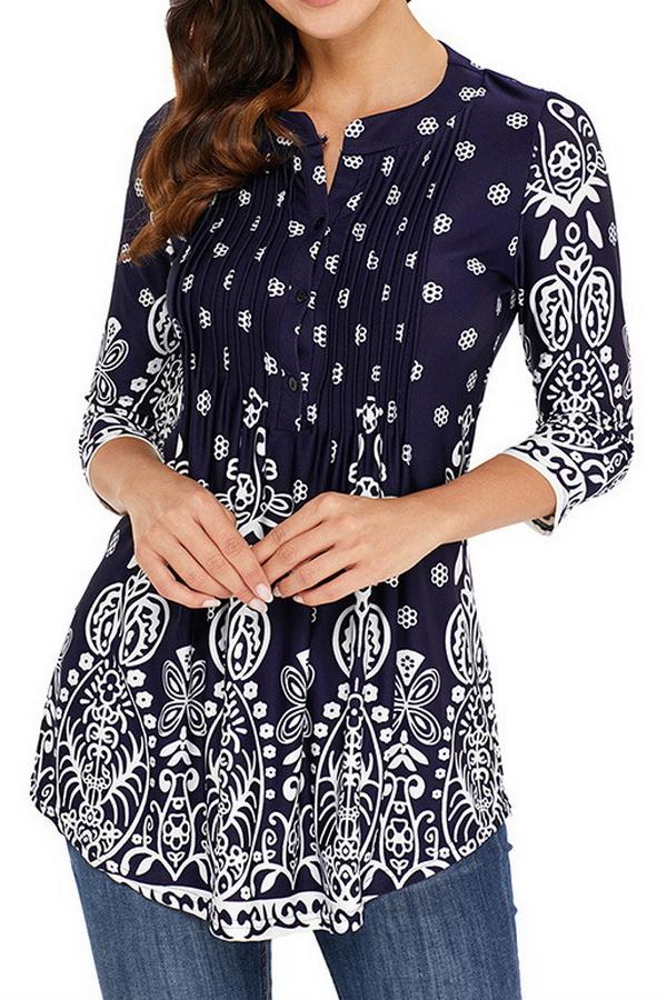 Printed Long Cropped Sleeves Pleated Top