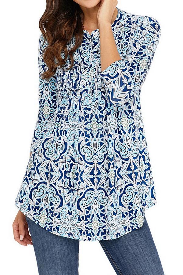 Printed Long Cropped Sleeves Pleated Top