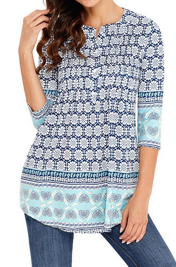 Printed Long Cropped Sleeves Pleated Top