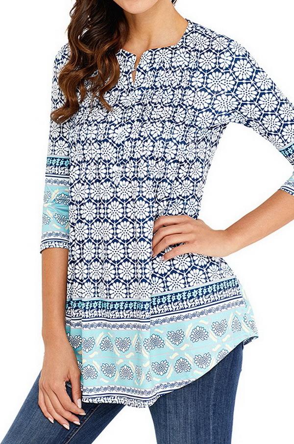Printed Long Cropped Sleeves Pleated Top