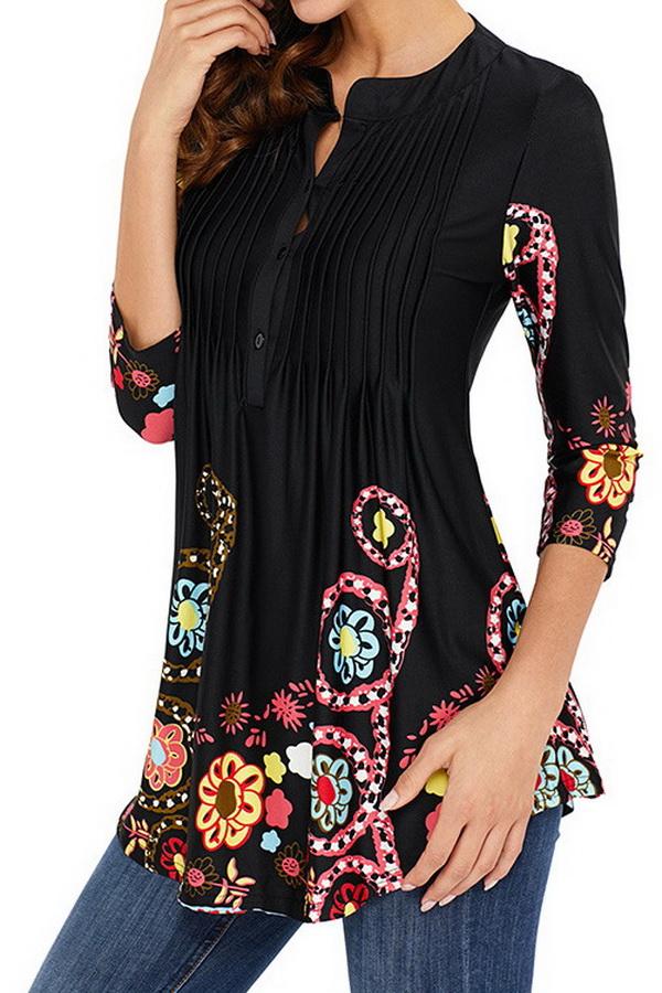Printed Long Cropped Sleeves Pleated Top
