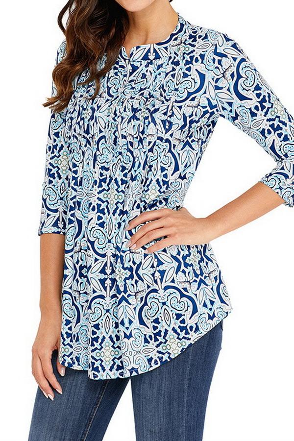 Printed Long Cropped Sleeves Pleated Top