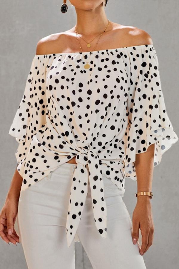 Printed Off-the-shoulder Cropped Sleeves Knotted Top