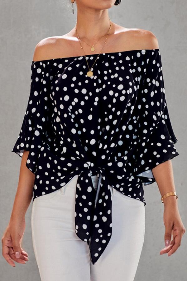 Printed Off-the-shoulder Cropped Sleeves Knotted Top