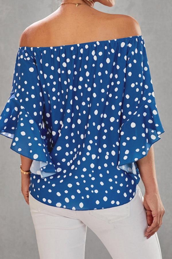 Printed Off-the-shoulder Cropped Sleeves Knotted Top