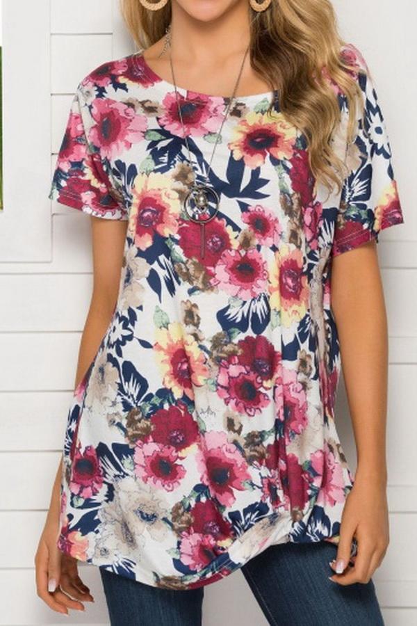 Printed Round Neck Short Sleeve Loose Top