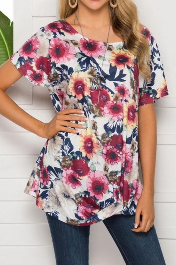 Printed Round Neck Short Sleeve Loose Top