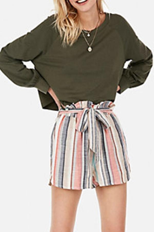 Printed Striped Pocket Shorts With Belt