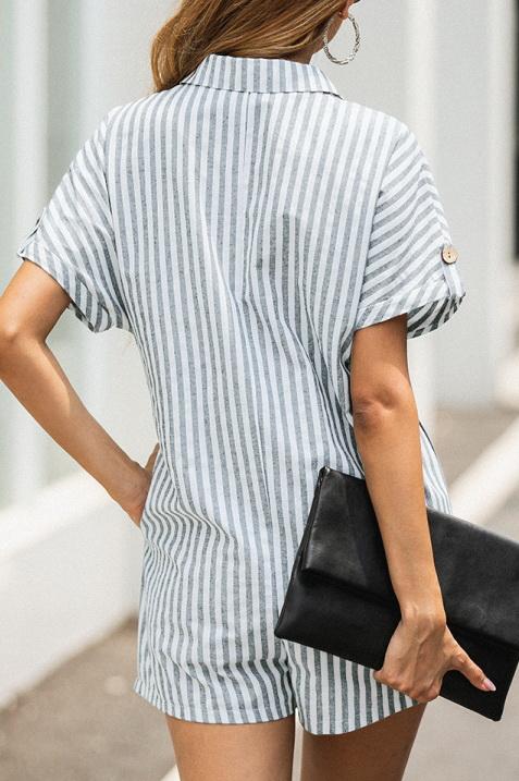 Printed Striped Pocket Single Breasted Jumpsuit