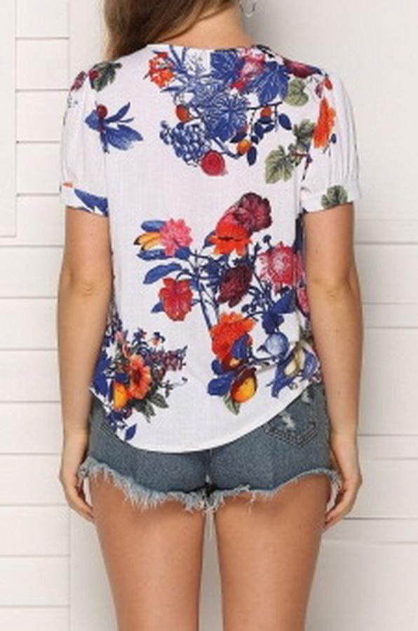Printed V-neck Top With Short Sleeves