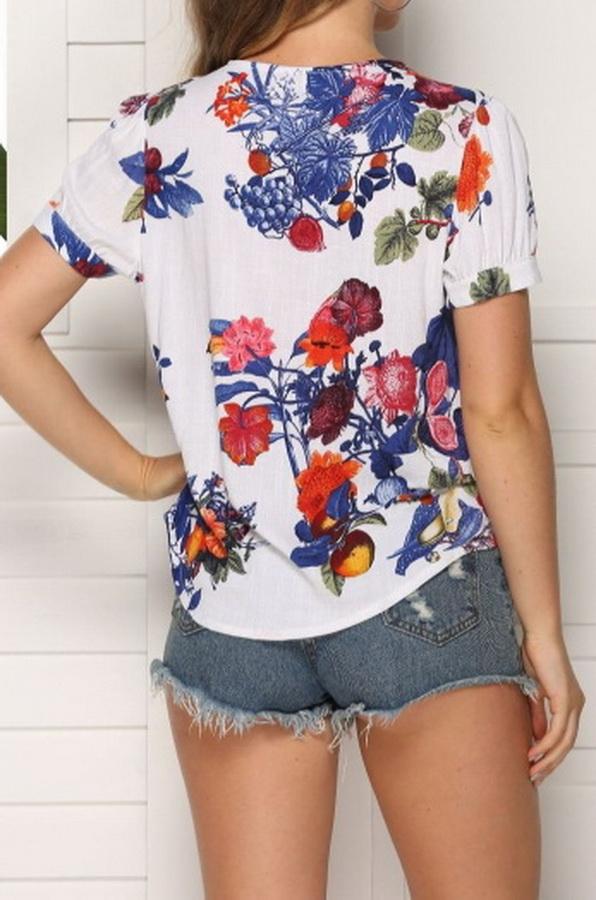 Printed V-neck Top With Short Sleeves