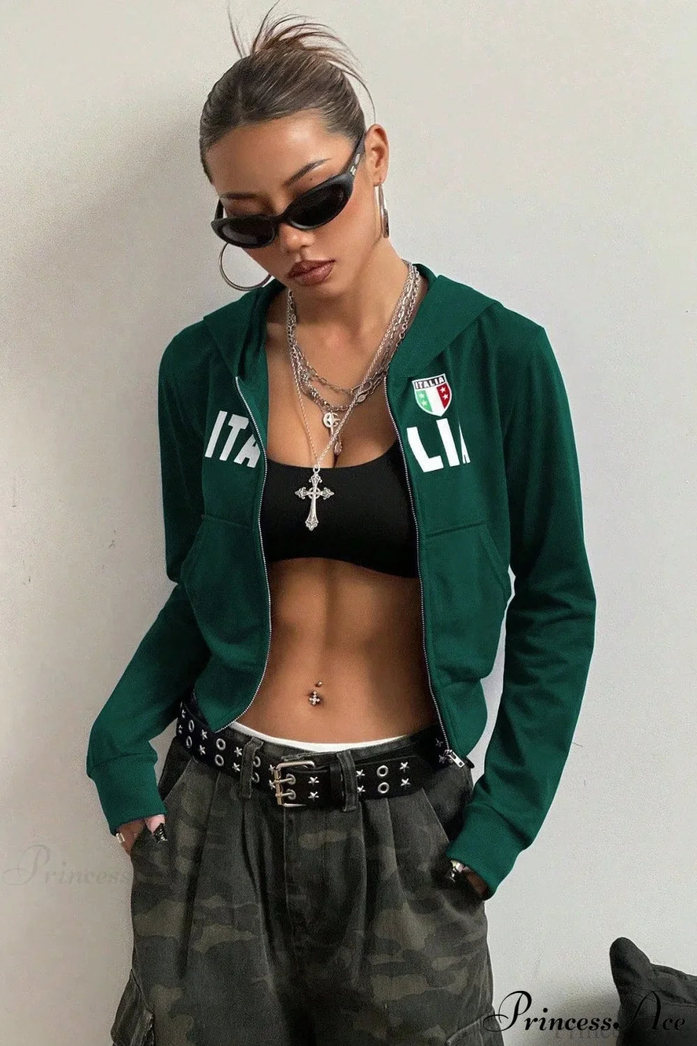 Printed Zip-Up Cropped Hoodie