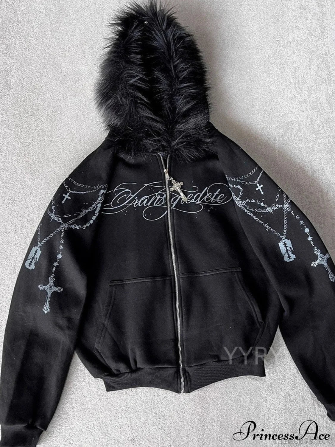 Printed Zipper Detachable Fur Hoodie