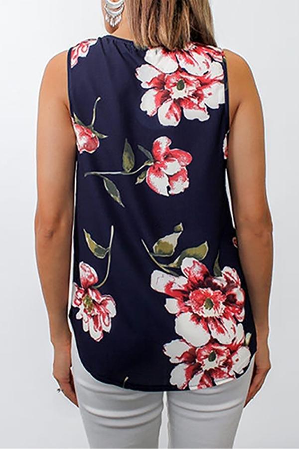 Printed Zipper V-neck Irregular T-shirt