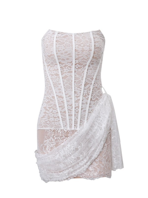 Lace Mesh Off Shoulder Irregular Hem Dresses - View 3