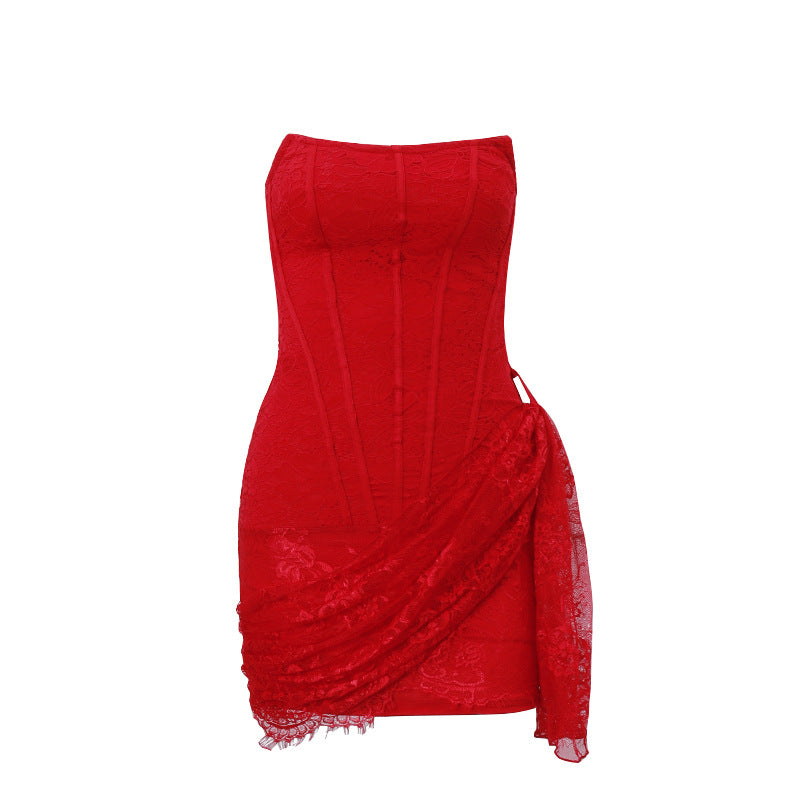 Lace Mesh Off Shoulder Irregular Hem Dresses - View 12
