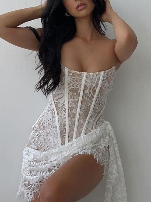 Lace Mesh Off Shoulder Irregular Hem Dresses - View 2