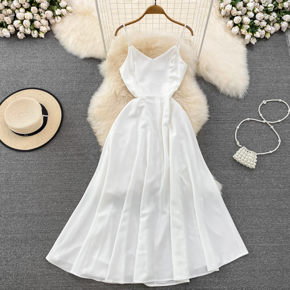 Simple V-neck Long Dresses, A-line Spaghetti Straps Party Dresses