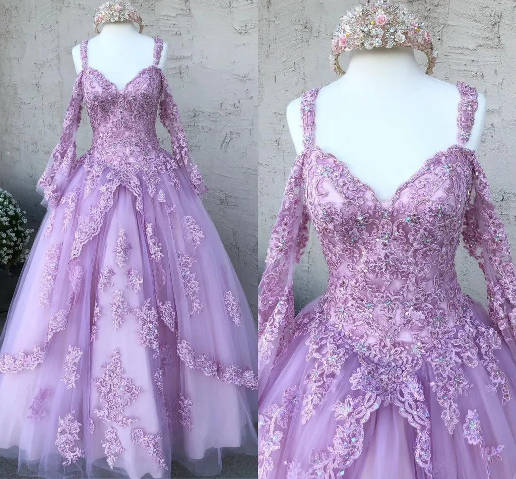 Long Sleeve Quinceanera Dress Prom Ball Gowns Lace Applique Beaded Cold Shoulder Corset Back Prom Sweet 16 Dress - Fashionpara
