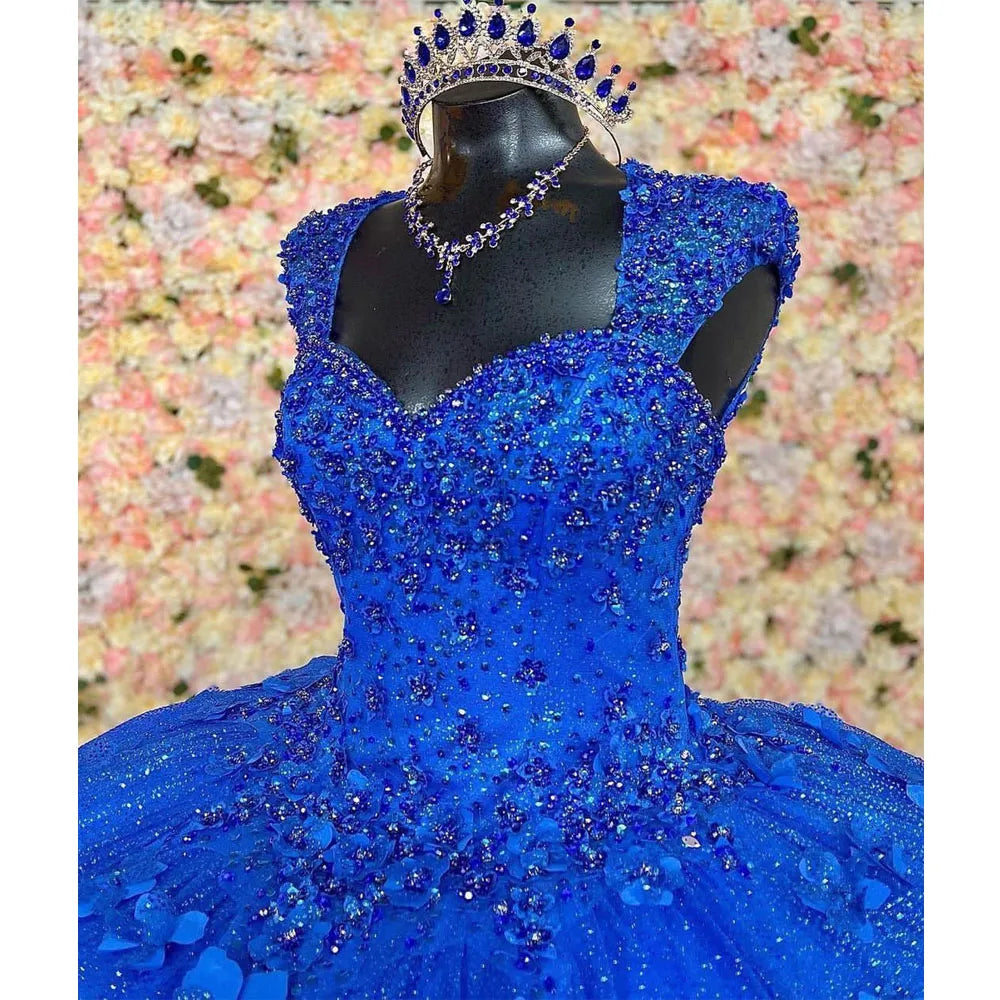 Royal Blue Quinceanera Dresses with 3D Floral Applique Off Shoulder Lace-up Corset Back prom Sweet 16 Dress - Fashionpara