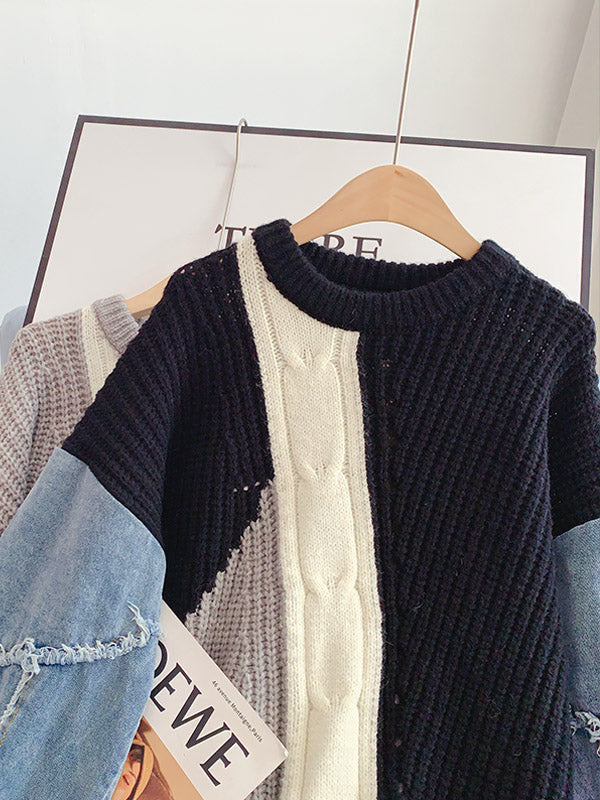 Knitted Color Block Turtleneck Modern Long Sleeve Sweater - Pink 8