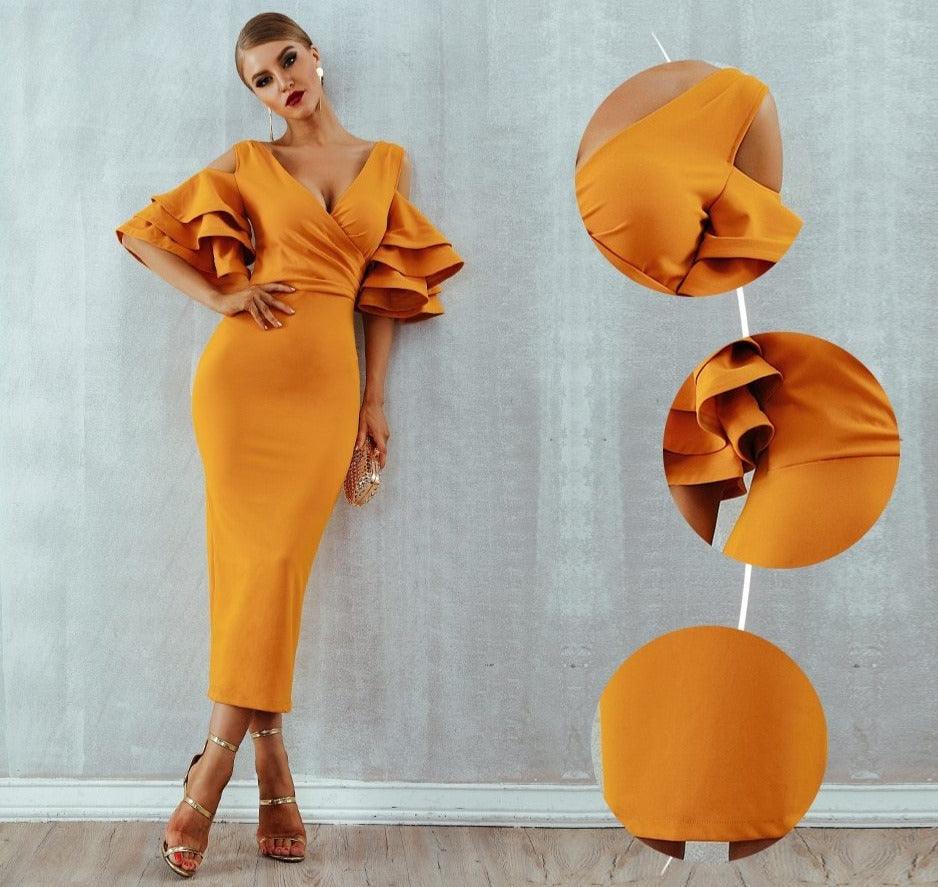 Hanging Ruffled Sleeves Bodycon Bandage Dress - Fashionpara