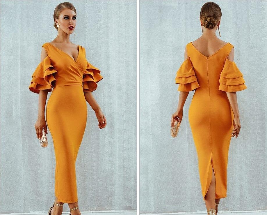 Hanging Ruffled Sleeves Bodycon Bandage Dress - Fashionpara