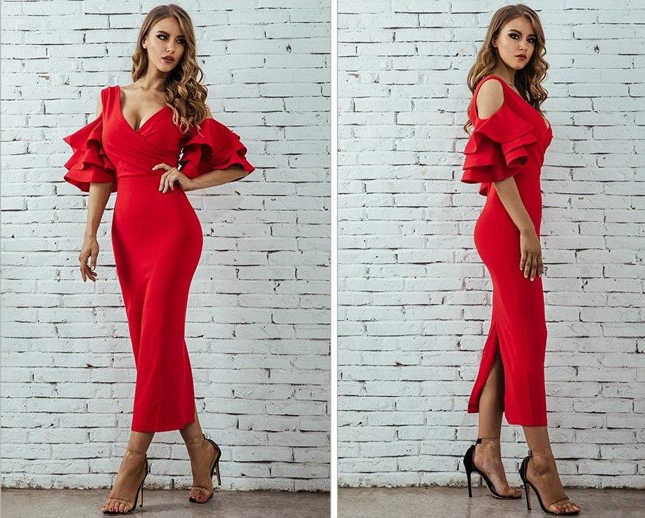 Hanging Ruffled Sleeves Bodycon Bandage Dress - Fashionpara